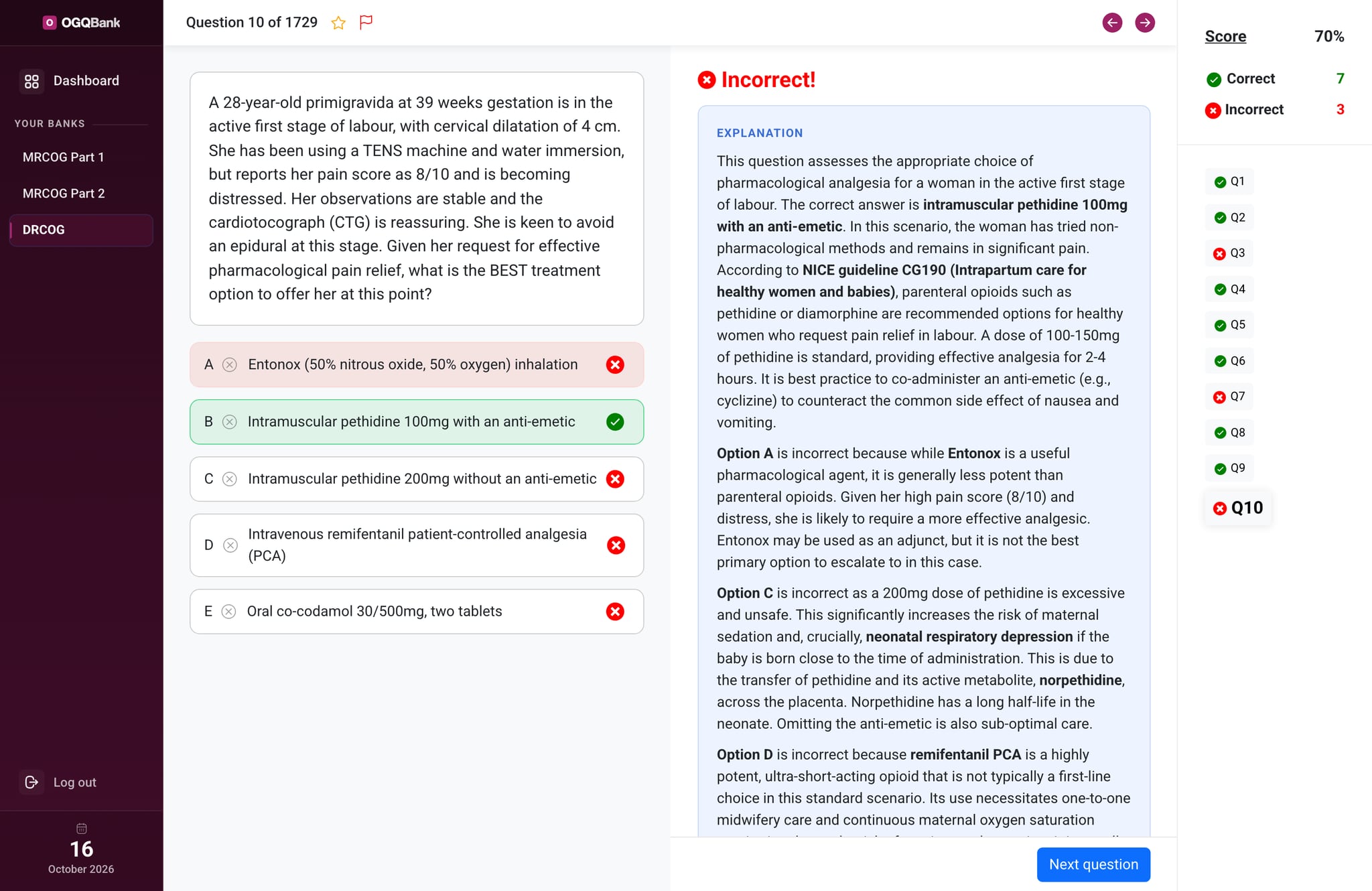 DRCOG explanation after an incorrect answer